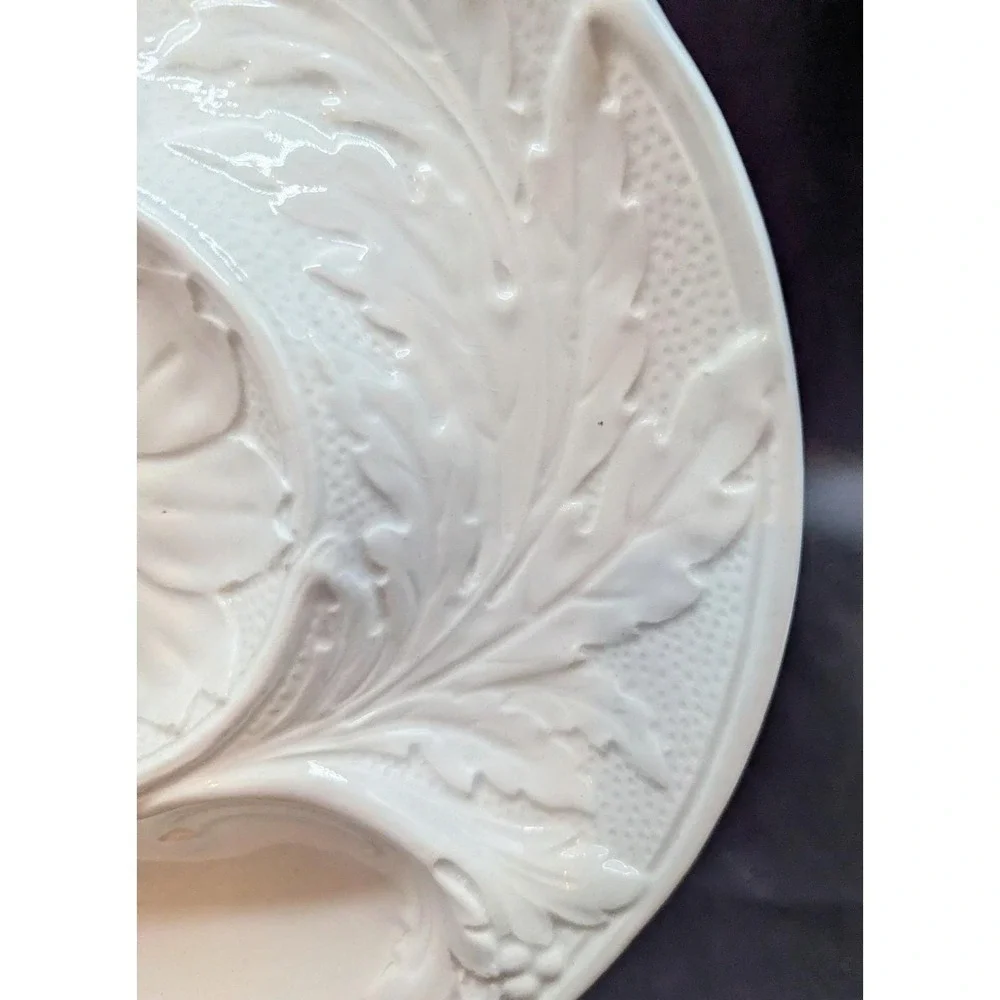 Set Of 4 P.V. France White Majolica Artichoke Plates Embossed Floral Design 9
